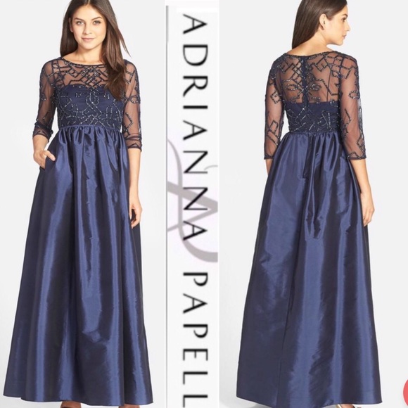 Adrianna Papell 3/4 sleeve beaded bodice illusion long dress